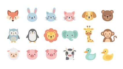 Collection of cute cartoon animal faces and heads for children's designs.