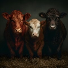 Three cows, a red angus, a white face, and a black angus, stand together in a barn filled with hay, creating a striking farm portrait.
