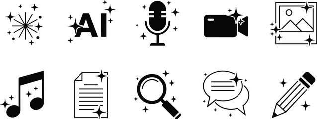 Artificial intelligence AI technology icon set with magic spark for audio video image and text content generation cad drawing flat vector illustration, © Heyy there