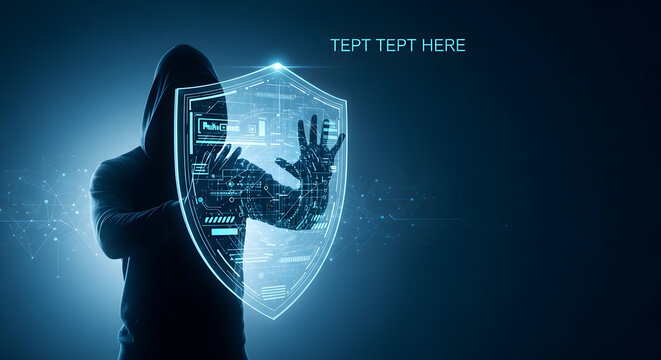 Anonymous hacker or user protected by a glowing digital shield representing cyber security.