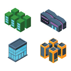 Fototapeta premium Data center and server facility icons, modular technology halls, IT infrastructure conference, uptime design session, cooling systems workshop vector set