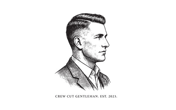 Vintage engraving style portrait of a man with a crew cut hairstyle in profile