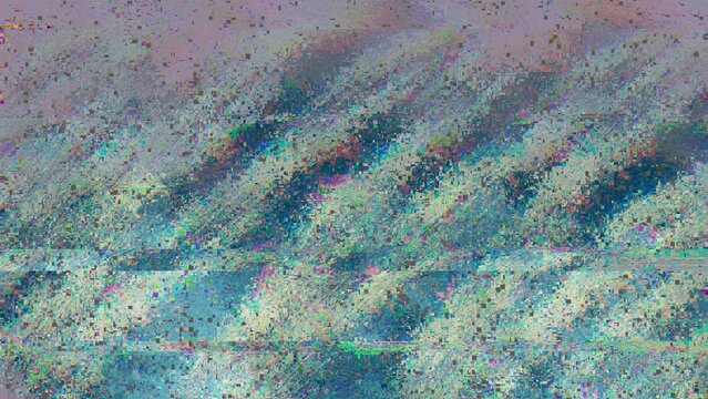 グリッチ背景 青緑系のデジタルノイズと走査線が歪むサイバー抽象テクスチャ クールで退廃的なラスター素材 / Teal glitch background with digital noise and scanline distortion cyber abstract raster texture
