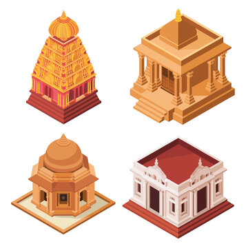 Indian sacred architecture set with shikhara temple, stone mandir, domed shrine for Diwali celebration banner, culture tour map, heritage design