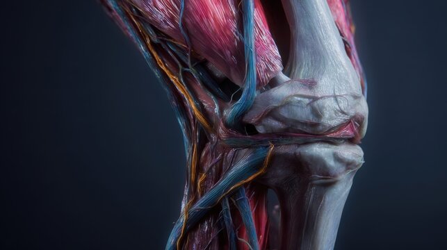 The knee joint detailed 3D medical illustration showing bones ligaments tendons and vascular structures