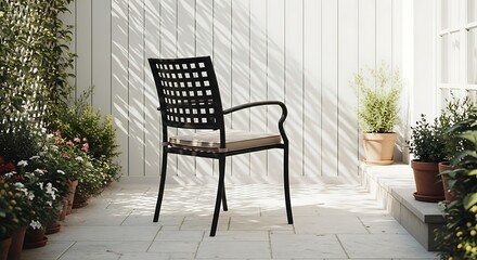 black metal chair on patio with potted plants