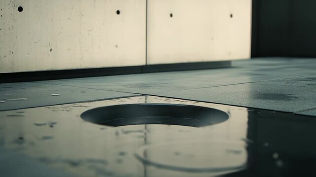 Rainwater pooling on a gray minimalist concrete floor, slowly draining into a circular channel, creating a reflective surface in subdued light, highlighting urban architecture