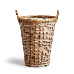 Obraz premium Classic Woven Basket for Storage with Handles and Soft Fabric Liner on White Background
