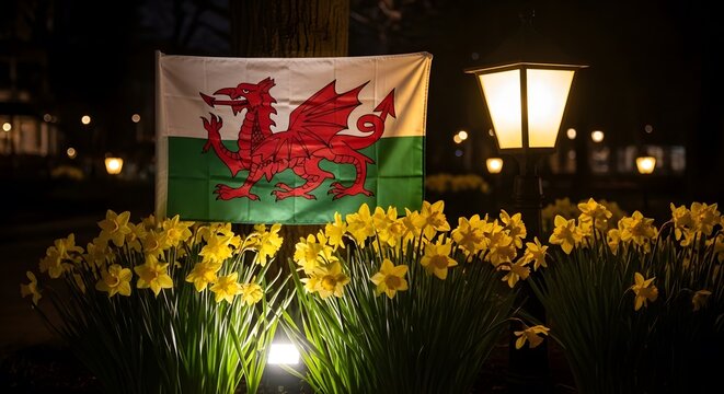 Welsh flag illuminated at night amidst yellow flowers