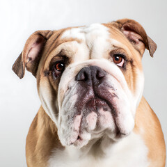 Fototapeta premium Sad English bulldog sitting on a white background