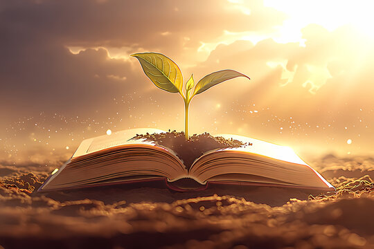 Close-up of a Book Growing Green Sprouts in the Morning Sun: Knowledge is Power, Bible Study Class Material	