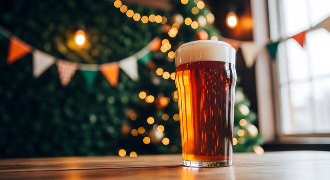 A glass of beer on a wooden table in a festive setting