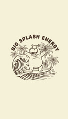 Fototapeta premium Hippopotamus Riding Wave with Palm Trees Illustration.