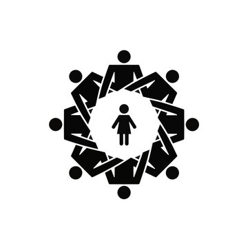 Family circle around child icon. Community safety net and protection concept. Black silhouette vector illustration