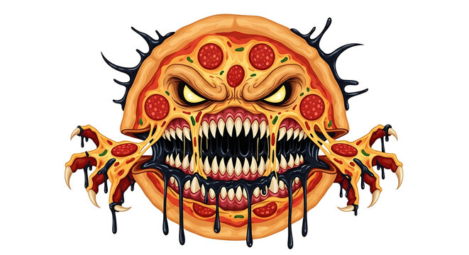 Scary Pizza Monster Illustration with Sharp Teeth and Claws
