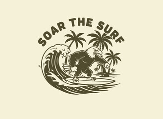 Obraz premium Surfing Eagle Illustration with Palm Trees.