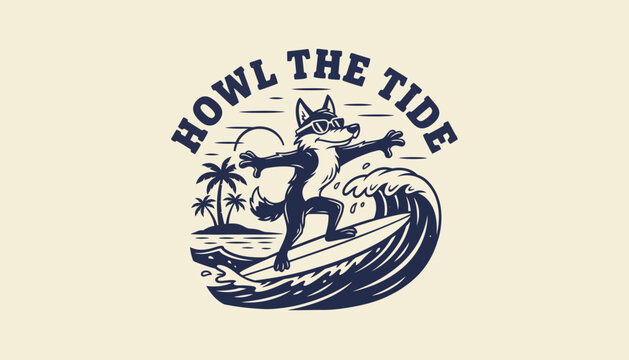 Surfer Wolf Riding Wave Graphic Illustration.