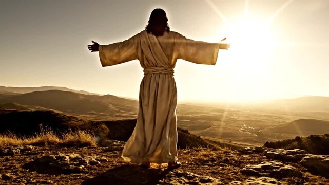 Jesus standing on mountain top with arms outstretched embracing sun rays during golden hour with wind blowing robe dramatic cinematic footage