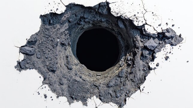 The hole gouged through concrete with cracked edges and a deep dark void
