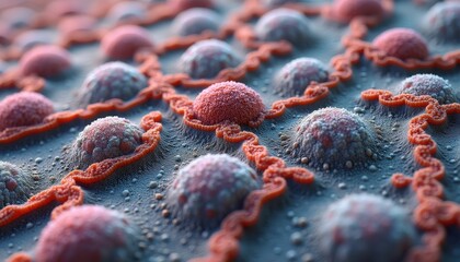 Microscopic View of Cellular Structures Pinkish Red Spheres with Interconnected Orange Border Detailed Texture Shallow