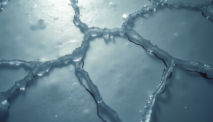 Close up of translucent blue ice crystals forming geometric patterns on a white surface with subtle light reflections