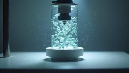 Microscopic Organisms Cultivated in Illuminated Laboratory Glass Cylinder with Bubbles and Subtle Lighting Against a