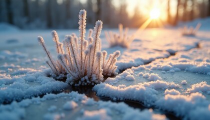 Close up of frosted grass on icy ground during golden hour sunrise with soft warm light illuminating snow covered