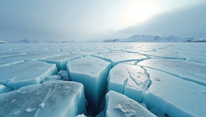 Cracked Ice Surface Reflecting Sunlight With Distant Snow Capped Mountains Under A Clear Sky In A Cold Arctic Landscape