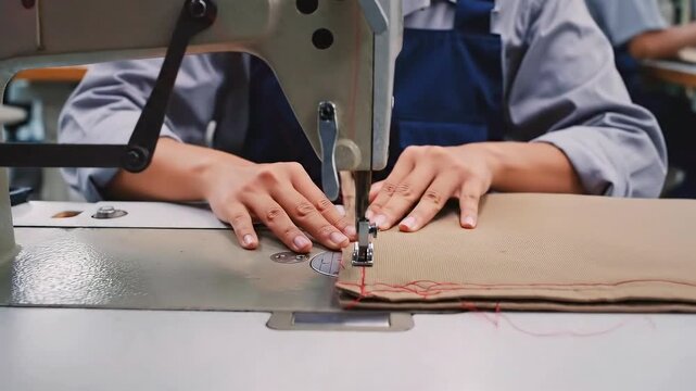 Closeup sewing machine fabric hands guiding. Asian seamstress operates industrial sewing machine guiding leather panels under needle, steady rhythm, focused craftsmanship in garment factory