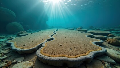Underwater coral reef illuminated by sunbeams on a bright clear day