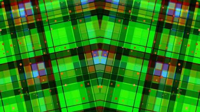 Green plaid pattern with colorful squares and orange dots