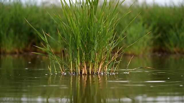 Marshland reed and shallow water background with gentle sway and soft reflection ripples