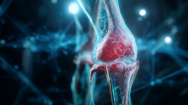 Detailed cgi human knee joint with inflamed red area and blue glowing nerves on dark background