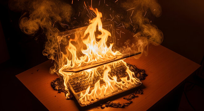 Laptop computer on fire symbolizing data loss system failure or technological disaster with flames and smoke against a dark background