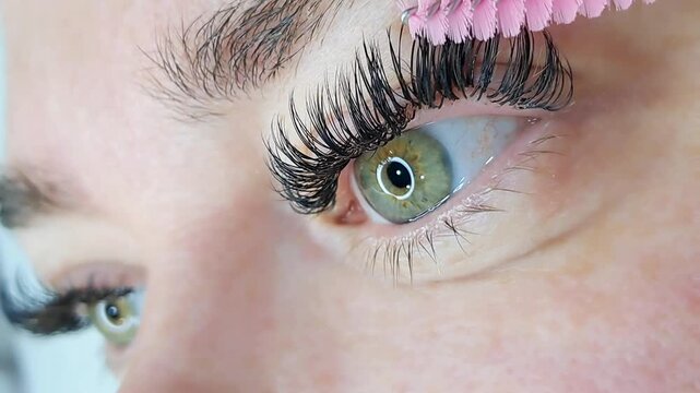 Close up of female eye with eyelash extensions ,eyelash extension procedure.2d volume, 3d volume, classical lashes,Russian volume,mega volume, new set.
