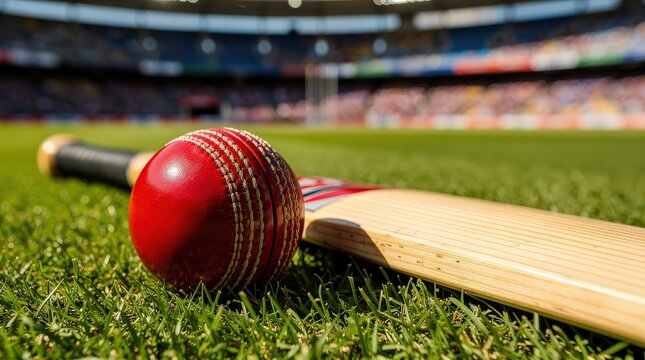 A close-up of a red cricket ball resting on the grass next to a wooden cricket bat on a sunny cricket field.