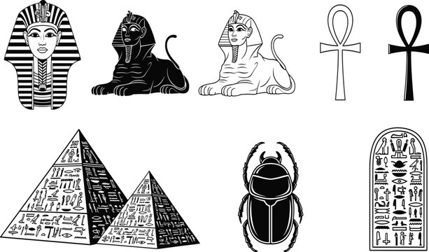 Collection of Ancient Egypt Vector Icons Featuring Pharaoh Mask Sphinx Statues Pyramids Ankh Symbols Scarab Beetle and Hieroglyphic Tablets Isolated on White