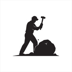  Vector silhouette construction worker hammering rock illustration
