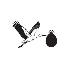  Silhouette vector illustration of stork flying with bundle ribbon in beak, symbolic childbirth folklore design for baby announcement