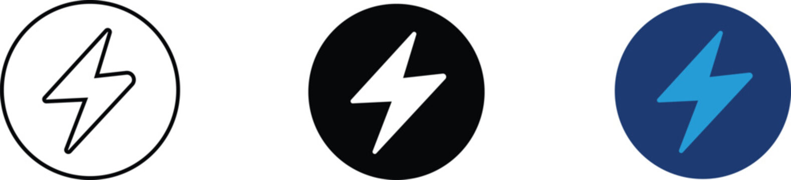 Lightning bolt icon in a circle showing power and energy speed. Electric illustration for fast charging, battery status, emergency power, weather warnings, and flash performance.