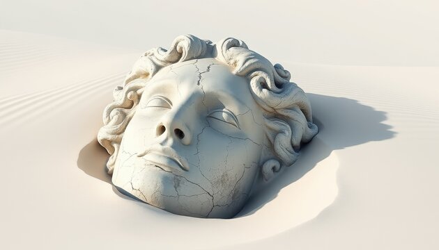 Cracked marble statue head buried in desert sand