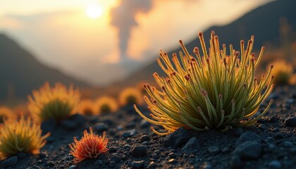 Golden Sunset Over Sparse Vegetation on Volcanic Slope With Distant Smoke Plume