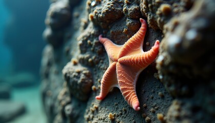 Orange Starfish Clinging to Textured Coral Reef Underwater Scene with Soft Sunlight and Ocean Blur
