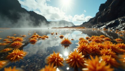 Vibrant Orange Sea Urchins Floating On A Calm Reflective Water Surface Under A Bright Sunny Sky With Dramatic Cloud