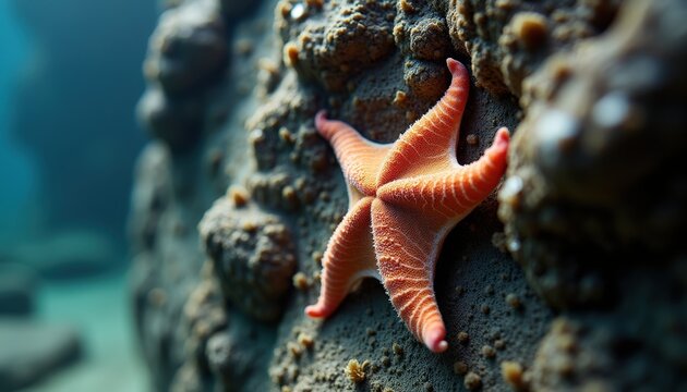 Orange Starfish Clinging to Textured Coral Reef Underwater Scene with Soft Sunlight and Ocean Blur