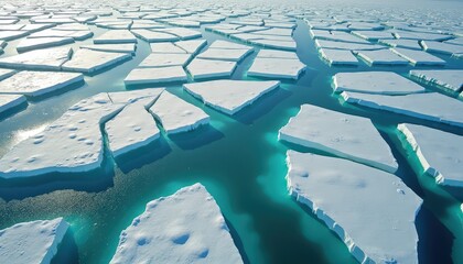 Aerial View Of Arctic Ice Floes Breaking Apart In Bright Sunlight With Deep Blue Water Channels Between Them Showing