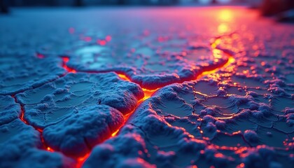 Cracked Icy Ground Illuminated by Fiery Red and Orange Glow Abstract Texture Dramatic Lighting Macro Shot