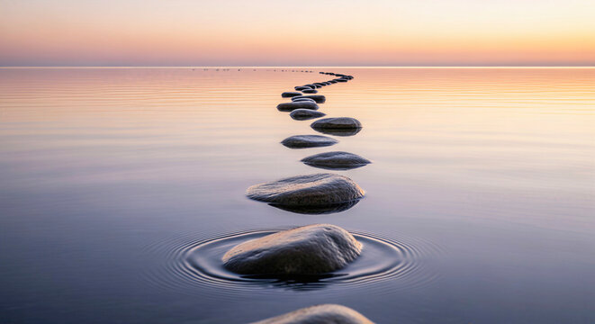Stepping stones create a path across calm water towards a soft, colorful sunset horizon