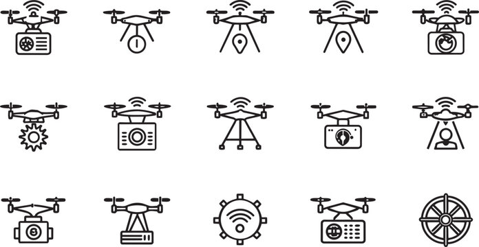 Drone icons. Quadcopters. Aerial drone. Copters collection. Vector illustration. Drone icon set . Drone icons as drone signal, landing drone, drone location
