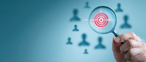 Fototapeta premium The Magnifying Glass Targeting a Qualified Candidate Among Blurred User Silhouettes